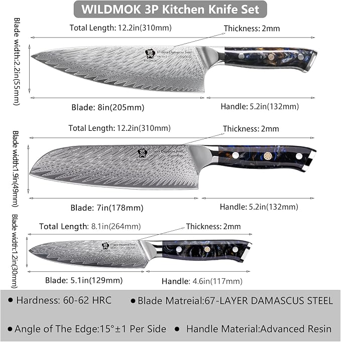 WILDMOK Damascus Kitchen Knife Sets 3 PCS, Japanese Kitchen Knife Set Damascus Steel Core, Ultra-Sharp Professional Chef Knife Set and Full Handle, Gift Box