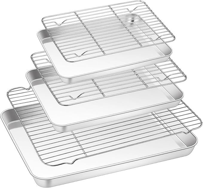 TeamFar Baking Sheet with Rack Set (3 Pans + 3 Racks), 17.6/12.5/10.5 Inch Stainless Steel Cookie Sheet Baking Pans Tray and Cooling Racks for Cooking Roasting, Non-Toxic & Heavy Duty, Dishwasher Safe