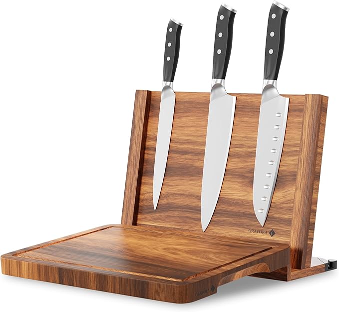 3 in 1 Magnetic Knife Block Stand - Wooden Magnetic Knife Holder with Strong Magnets, 14"x10" Cutting Board, Knife Sharpener - Acacia Display Holder Double Sided Storage Rack Magnets for Knives