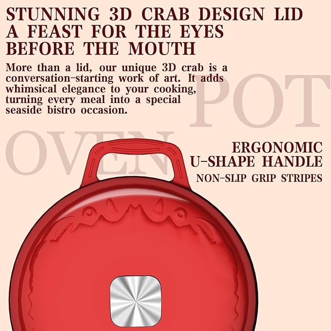 Dutch Oven Pot with Lid - Cast Iron Dutch Oven for Bread Baking Sourdough, Casserole and Braiser with Crab Lid, Square Knob, Nonslid Handles - Red