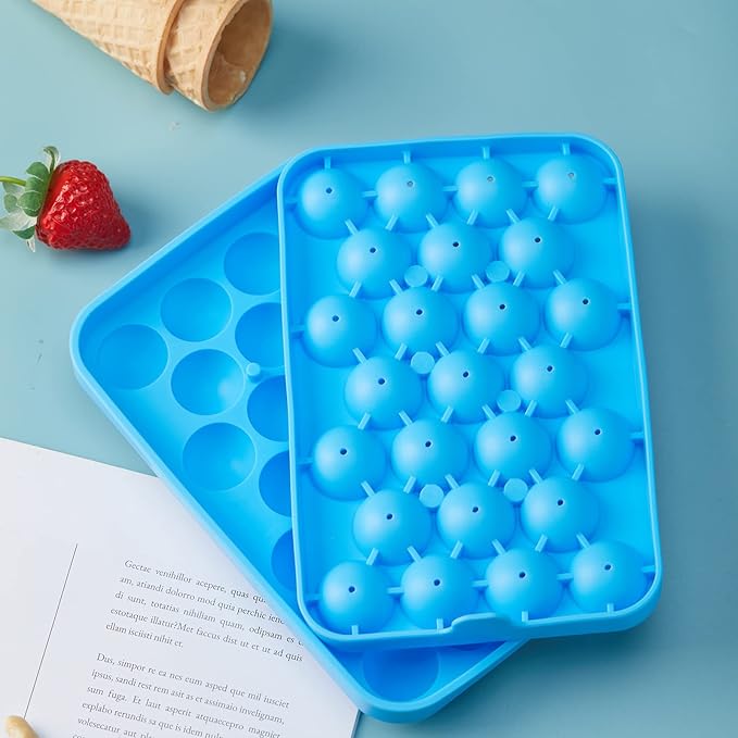 Round Ice Cube Tray 2 Pack BPA Free Silicone Flexible Easy Release 1.1 Inch x 50PCS Small Ice Ball Maker Mold for Whiskey, Cocktail, Chilling (Blue)