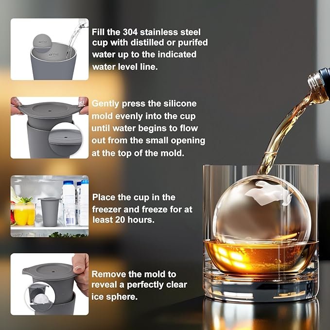 Clear Ice Cube Maker, 2.5" Easy-Release Sphere Ice Maker, Stainless Steel Clear Ice Maker, Non-BPA Premium Silicone Ice Cube Molds for Cocktails, Drinks & Bourbon, Whiskey Gifts for Men - 2 Pack