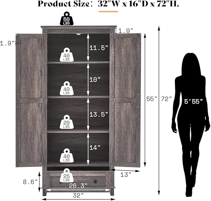AMERLIFE 2 Pcs Farmhouse Kitchen Pantry Cabinet, 72" Tall Storage Cabinet with Adjustable Shelves & Barn Doors & Drawer, Freestanding Kitchen Cupboard for Dining Room, Living Room, Rustic Grey