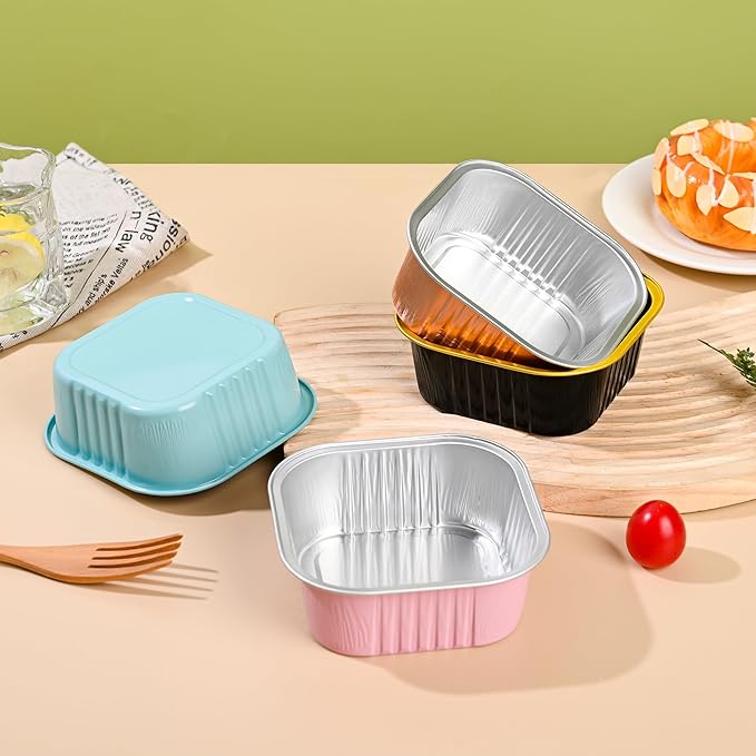 Mini Cake Pans With Lids (10oz,40 Pack) Aluminum Foil Square Cupcake Liners Brownie Baking Cups,Disposable 4”x4” Large Cupcake Pan,Jumbo Muffin Tin Ramekins Holders