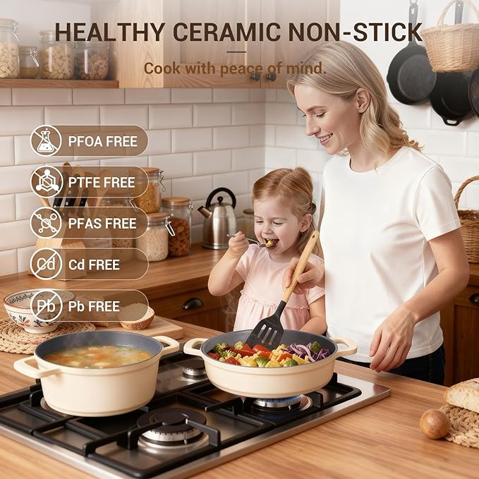 Ammeloo 8-Piece Non Stick Stock Pot with Lid, Ceramic Cooking Pot Set, 4.5 Qt All-in-One Non Toxic Soup Pot for All Stoves, Easy to Clean & Dishwasher Safe, Oven Safe, Induction Ready, PFOA PFAS Free