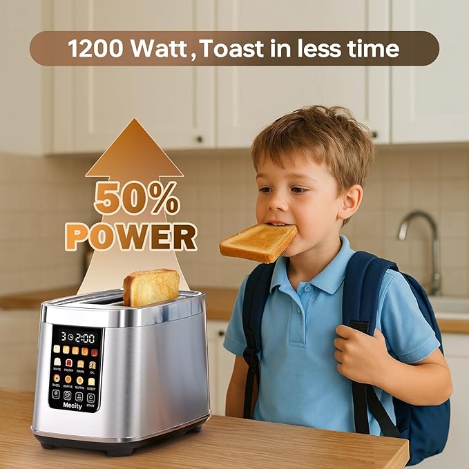 Mecity 2 Slice Toaster with Touch Screen & Auto Lift, Stainless Steel Cool-Touch Toaster with 8 Bread Settings, 5 Shade Levels, 1200W High Power, Keep Warm & Reheat Function, Stainless Steel, 120V