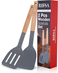 Pack of 2 Silicone Spatula, Non Stick Slotted Spatulas with Wooden Handle, Ideal Wood Kitchen Utensils Set for Frying, Baking, Flipping & Turning, Heat Resistant Silicone Turner for Non Stick Cookware