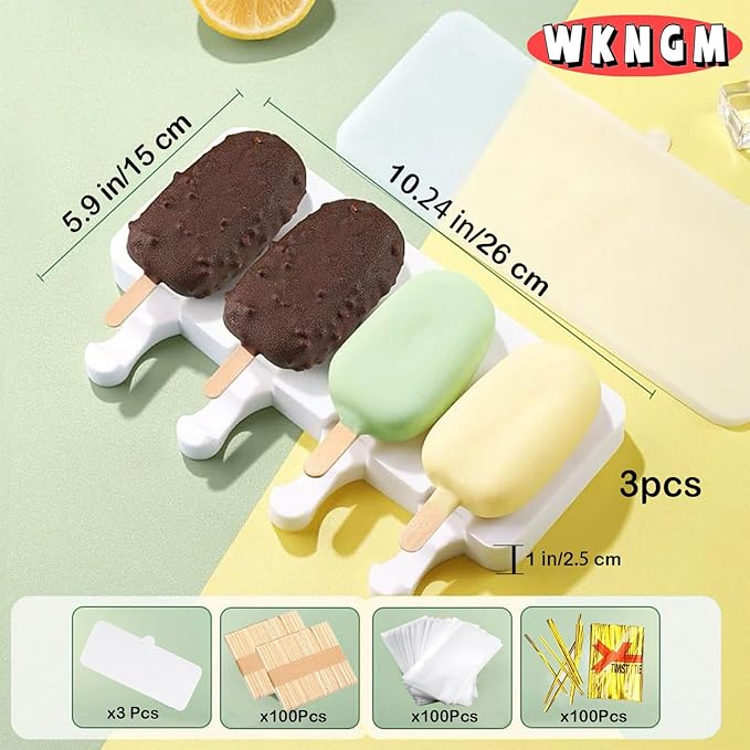 3pcs Large Silicone Popsicle Molds with Lids,4 Cavities Cake Pop Molds,Oval Ice Cream Bar Mold Ice Pop Cakesicle Molds Silicone with 100 Wooden Sticks & 100 Bags &100 Twist Ties(White)