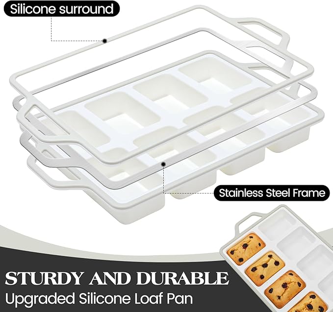 Vinino Silicone Mini Loaf Pans with Metal Reinforced Frame-2 Pack, Non-stick Silicone Bread Pan for Baking 8-Cavity, Tiny Banana Bread Set, Dishwasher Safe Brownie Pan-Gray