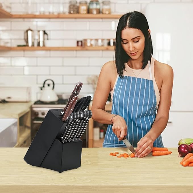 Wood Kitchen Knife Block, Universal Kitchen Knife Holder Kitchen Knife Storage Rack 14 Slots Knife Holder (Black)
