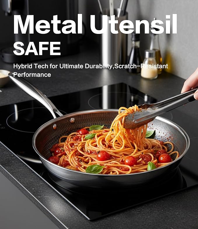 Non Stick Frying Pans with Lids, 12 Inch Fry Pan, Hybrid Large Frying Pan with Lid, Nonstick Skillet Stainless Steel, Dishwasher & Oven-Safe, Induction Compatible Cooking Pan
