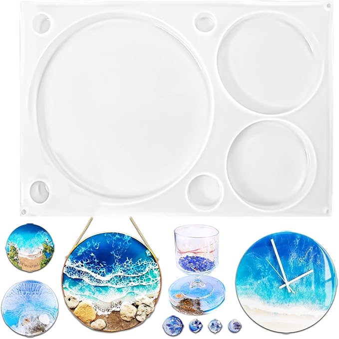 FUNSHOWCASE Circle Mold Epoxy Resin Cement, DIY Coaster Pop Socket Jewelry, 7-Cavity Round Disc 9inch 5inch 4inch 1.5inch 1inch