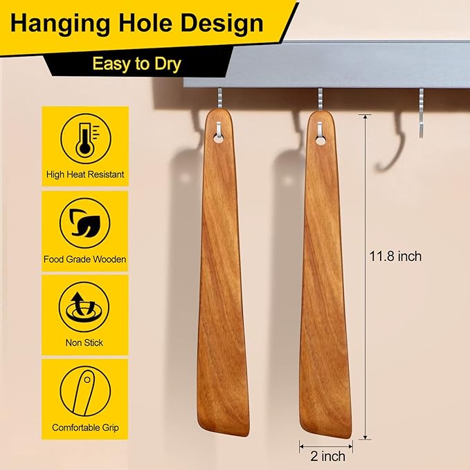 2 Pcs Teak Wood Spatula Set Non Toxic Cooking Utensils Spurtle Kitchen Tools Turner Bamboo Wooden Spatulas for Cooking Spoon Flat Egg Flipper Spatula Kitchen Utensil Set Sourdough Scraper Stirrer