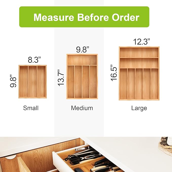 Bamboo Utensil Drawer Organizer, Kitchen Organizer for Flatware Cutlery, Silverware Tray for Drawer (5 Slots, Natural)