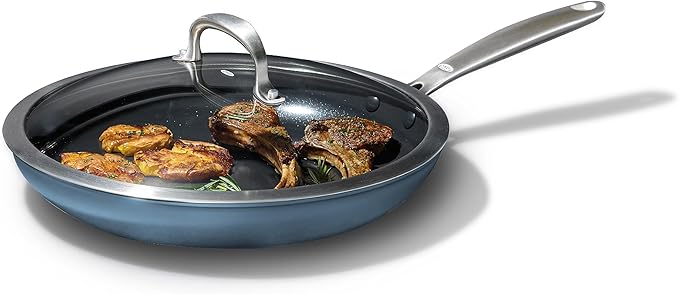 OXO Enhanced 12” Nonstick Frying Pan Skillet with Lid, Ceramic PFAS-Free Cookware, Stainless Steel Handle, Eggs & Omelets, Dishwasher & Oven Safe, Storm Blue