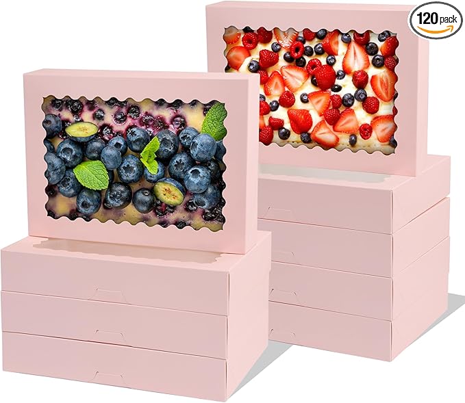 Cookie Boxes,14x10x2.5 Inch Large Bakery Boxes with Window for Pies Chocolate Strawberries Muffins Donuts Pastry Dessert Christmas(Pink, 14 * 10 * 2.5inch/24pcs)