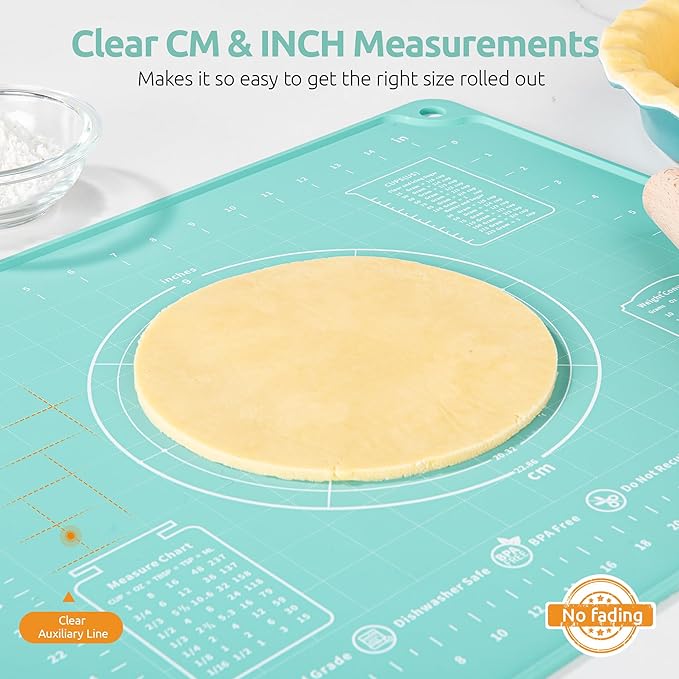 U-Taste Liquid Silicone Pastry Mat: 16"x20" Food-Grade Non-Stick Dough Rolling Baking Sheet, Non Slip for Kneading, Making Pizza, Fondant, Pie Crust with Clear Measurement and Raised Edges (Aqua Sky)