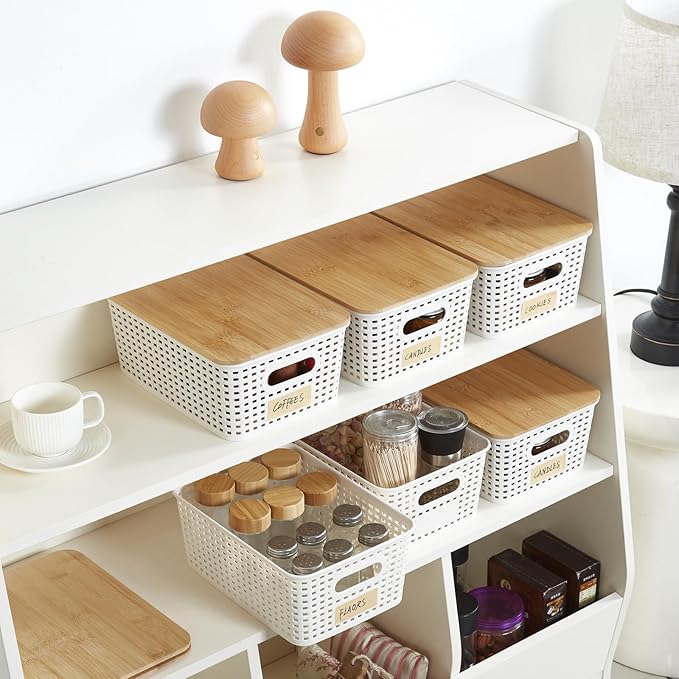 Small Plastic Storage Bins with Bamboo Lids 5.2qt Stackable Box Basket Pantry Decorative Containers Cute with Lable for Organizing Desktop Closet Office Cream White of 6 packs 10*7.2*4.1'’