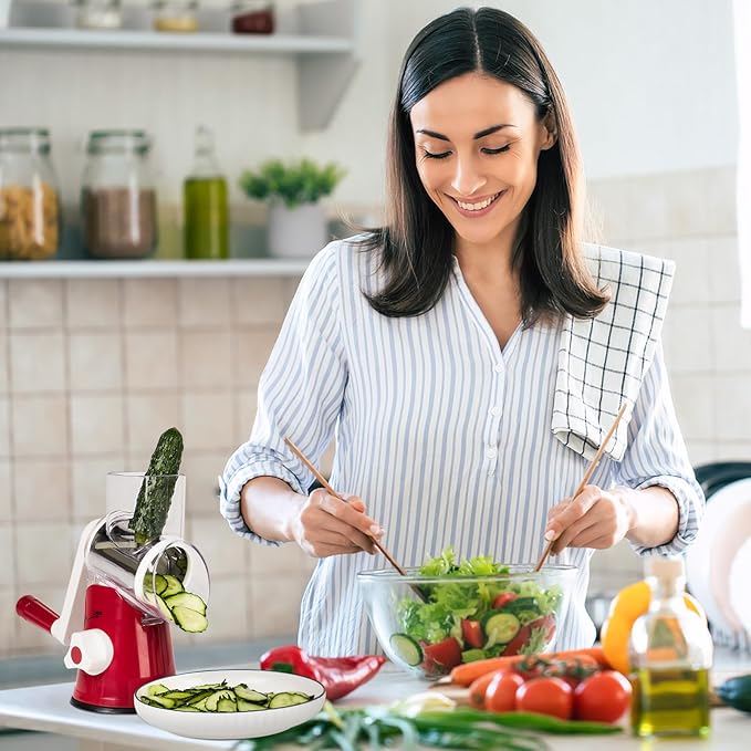 X Home Rotary Cheese Grater for Kitchen, Shredder with 3 Interchangeable Blades, Rotary Grater with Handle and Strong Suction Base, for Vegetables, Fruit, Nuts, Easy to Use and Clean, Red