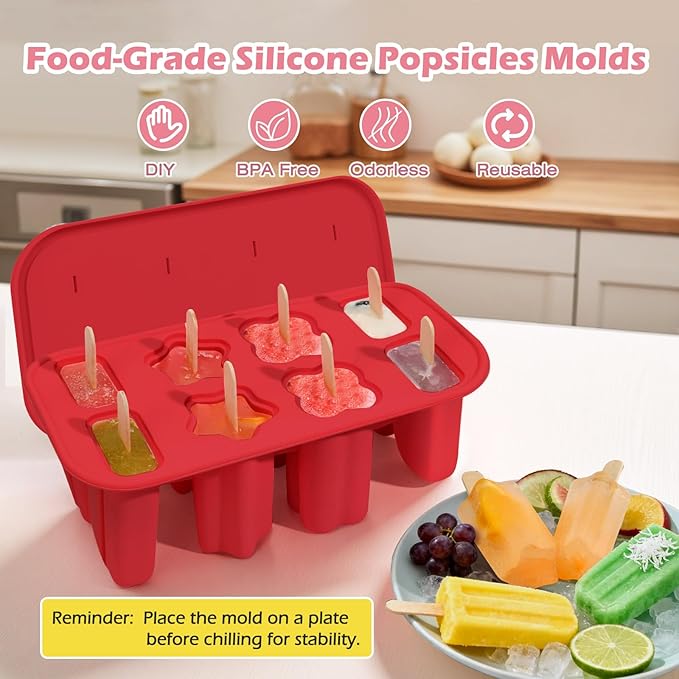 Popsicles Molds, 8-Cavity Silicone Popsicle Molds with 50 Sticks, BPA-Free Ice Pop Mold Popsicle Maker with Funnel & Cleaning Brush for Kids Adult Teens