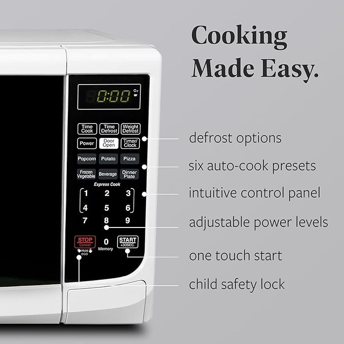 Farberware Countertop Microwave Oven 700 Watts Power Auto Cook Settings, Defrost, Easy Clean and Child Safety Lock, 0.7 Cu. Ft, White