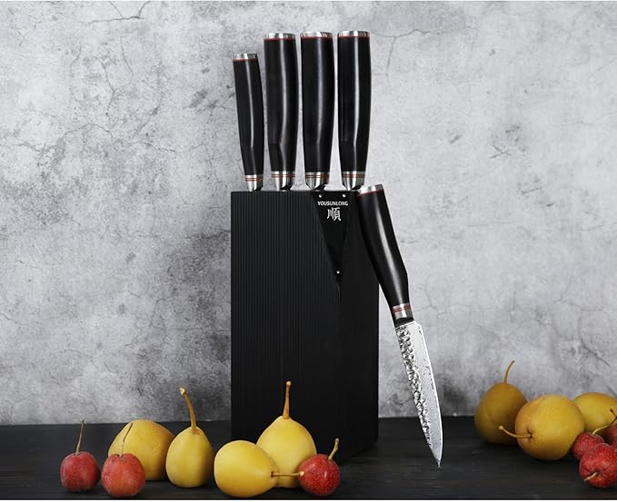 YOUSUNLONG Knife Block Sets - 5pcs Kitchen Knives Set with Natural Fraxinus Americana Holder - Japanese Hammered Damascus Steel Blade - Natural Ebony Handle with Gift Box