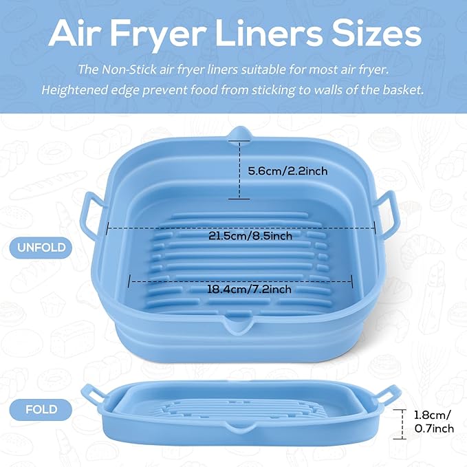 Silicone Air Fryer Liners Square - Reusable Airfryer Silicone Basket - Easy to Clean Air Fryers Silicone Pot for 5.8 to 8 Qt Air Fryer Baking Tray Oven Accessories, 8.5 Inch Large