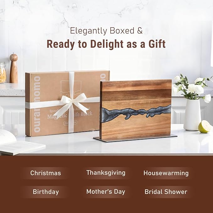 Magnetic Knife Block Holder for Countertop, No Drill Acacia Wood Stand with Epoxy Resin Art & Strong Magnets - Fits Chef Knives & Scissors (No Knives Included)
