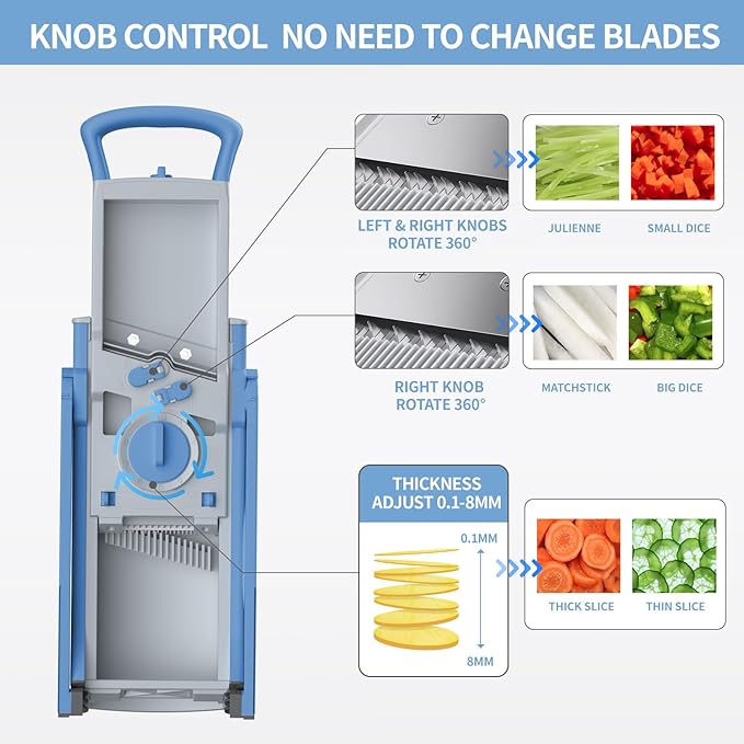 Upgrade Safe Mandoline Slicer for Kitchen, Vegetable Chopper and Slicer, Potato Slicer Thickness Adjuster, French Fry Cutter, Veggie Onion Dicer Faster Kitchen Mandolin for Meal Prep (Blue)