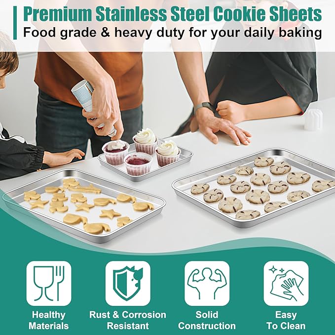 TeamFar Baking Sheet Set of 3, 16/12.5/9.3 Inch Stainless Steel Cookie Sheets Baking Pans, Metal Oven Baking Tray for Cooking Roasting Serving, Non-Toxic & Mirror Finish & Dishwasher Safe