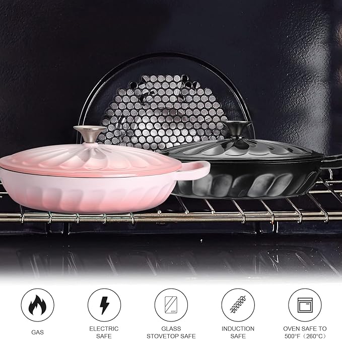 Enameled Cast Iron Braiser, 3.8 Quart Enamel Dutch Oven with Handles, Cast Iron Braiser Pan with Lid,Enameled Cookware (Pink)