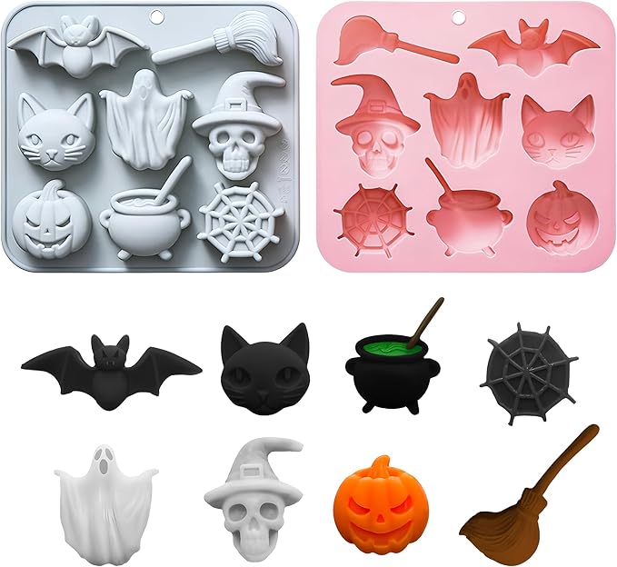 Halloween Chocolate Molds,2PCS Halloween Silicone Mold-Ghost,Pumpkin,Bat,Skull Witch Hat,Spider Web,Broom,Cat,Medicinal Liquid,Non-Stick 3D Baking Candy Mold Set for Jelly Gummy Cookies Pudding Cake