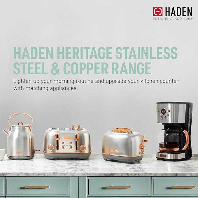 HADEN Heritage 1.7 Liter Stainless Steel Electric Kettle Bundled with 12 Cup Drip Coffee Maker, Coffee Machine with Auto Shut-Off, Steel & Copper