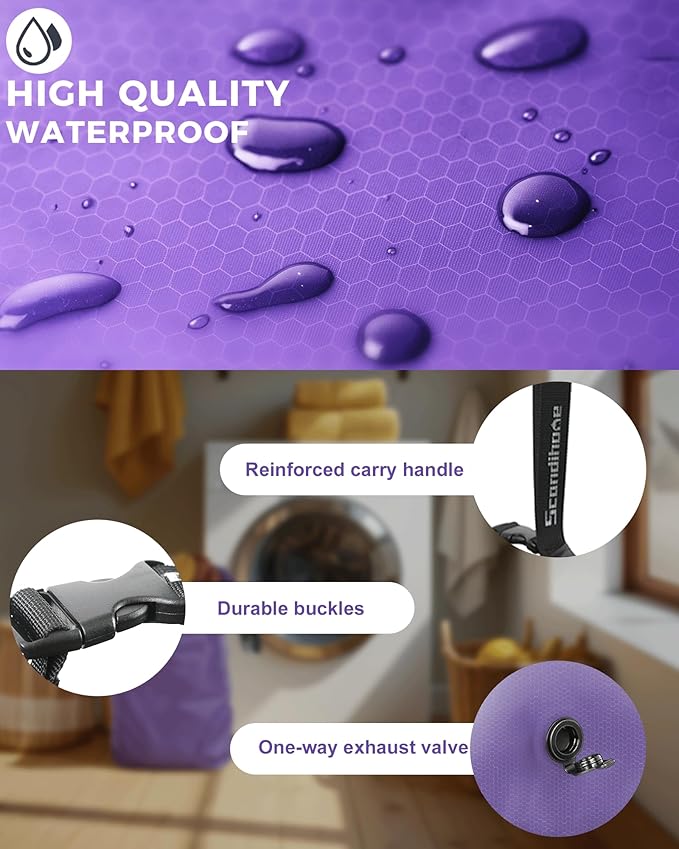 Travel Laundry Bag, Pump Free Vacuum Storage Bag Reusable Compression Dirty Clothes Travel Bag Waterproof Wet Dry Bags Large Capacity Space Saver Bags Camp Clothes Organizer (1 Pcs)(Purple, M)