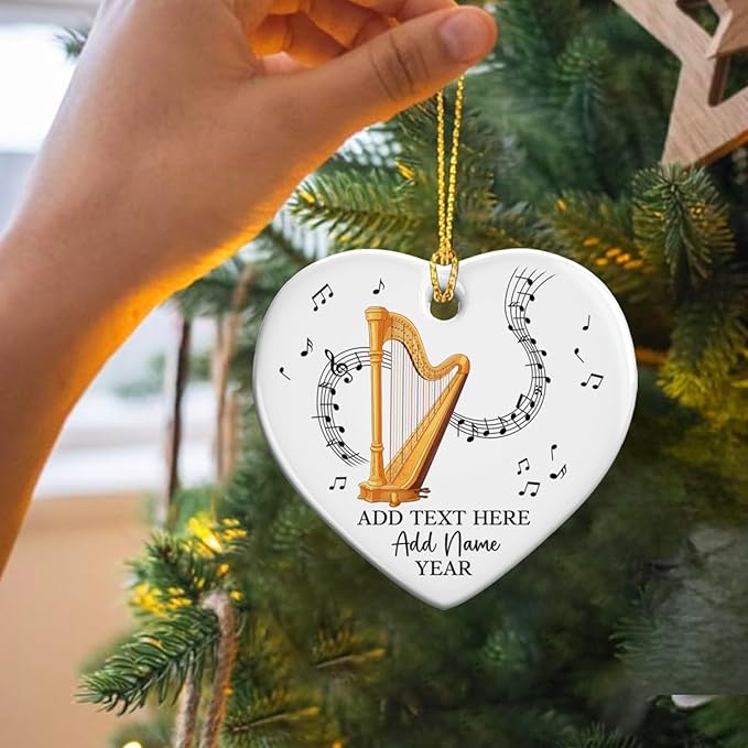 Customized Harp Music Instrument Ceramic Ornaments, Personalized Text Name Year Harpist Christmas Ornament, 2025 Xmas Ornament Gift for Harp Player Teacher Student, Musician Xmas Decorations