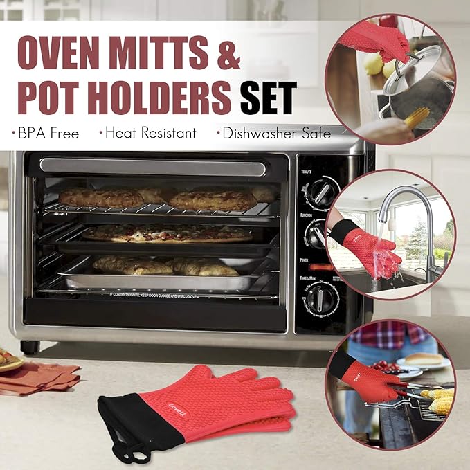 Kitchen Oven Gloves - Silicone Double-Layer Heat Resistant Oven Mitts/BBQ Gloves/Grill Gloves - Perfect for Baking and Grilling - 1 Pair (Small, Red Long)