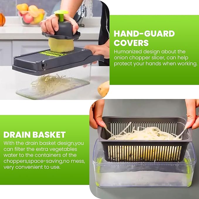 15-in-1 Vegetable Chopper & Mandoline Slicer by Global Digitronix – BPA-Free Veggie Cutter with Stainless Steel Blades, Onion Chopper & Food Dicer, Fruit & Vegetable Slicer – Black & Green