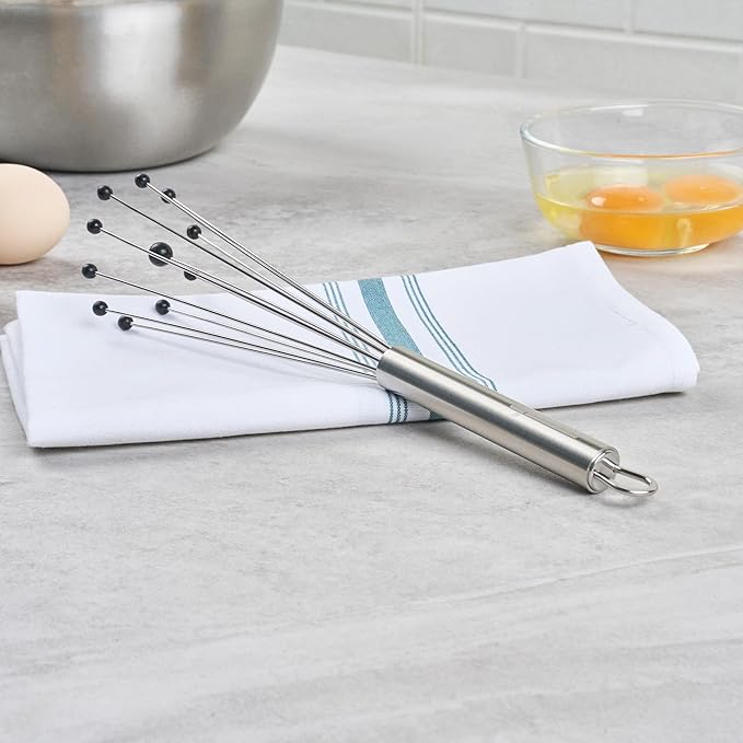 Restaurantware-German Standard 10.6 Inch Ball Whisk, 1 Kitchen Whisk With Silicone Balls - Ergonomic Handle, Dishwashable, Stainless Steel Manual Egg Beater, Durable, For Whisking, Stirring, Mixing