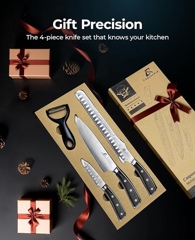 Essential 4-Piece Kitchen Knife Set,Sharp German Steel Knives Sets(Chef's Knife, Paring Knife, Bread Knife + Peeler) for Home Cooking BBQ,Gift Box included