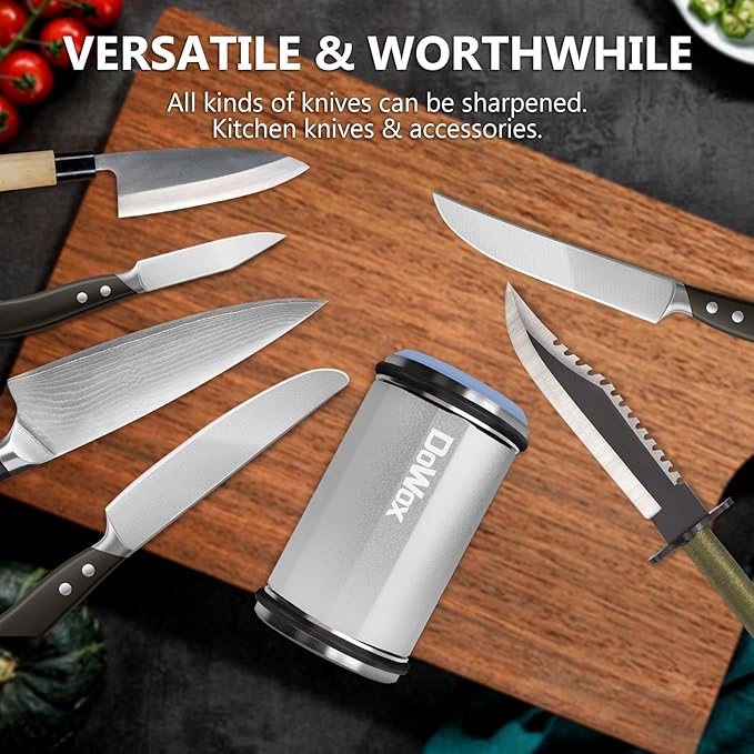 Longer Rolling Knife Sharpener with Leather Strop, Upgraded Rolling Knife Sharpening with 4 Degree Angle and 4PCS Replaceable Honing Discs, Easy to Sharpen Ktichen Knives, Silver