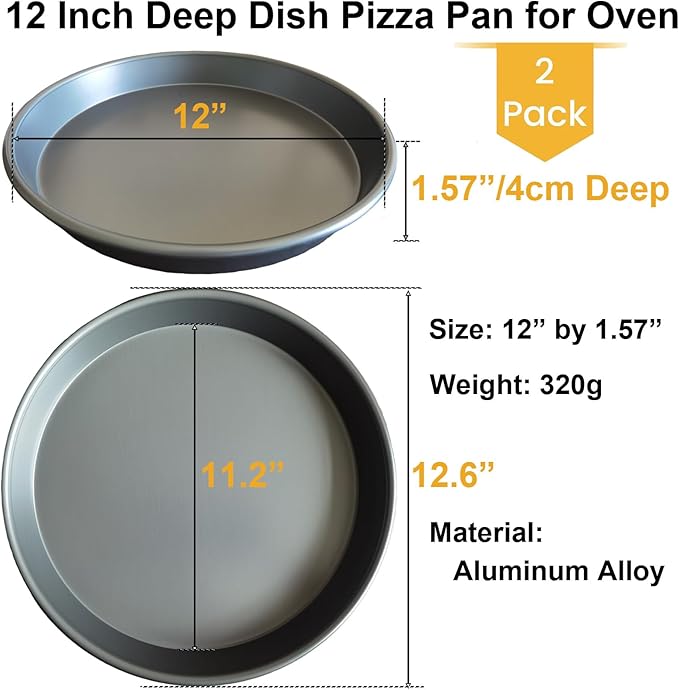 12 Inch Deep Dish Pizza Pan for Oven, 2 Pack Nonstick Round Heavy Duty Aluminum Pizza Baking Tray(4cm Deep), Restaurant Style Pizza Pan with Rolled Edge & Warp Resistant (Thickened Crisper Pan)