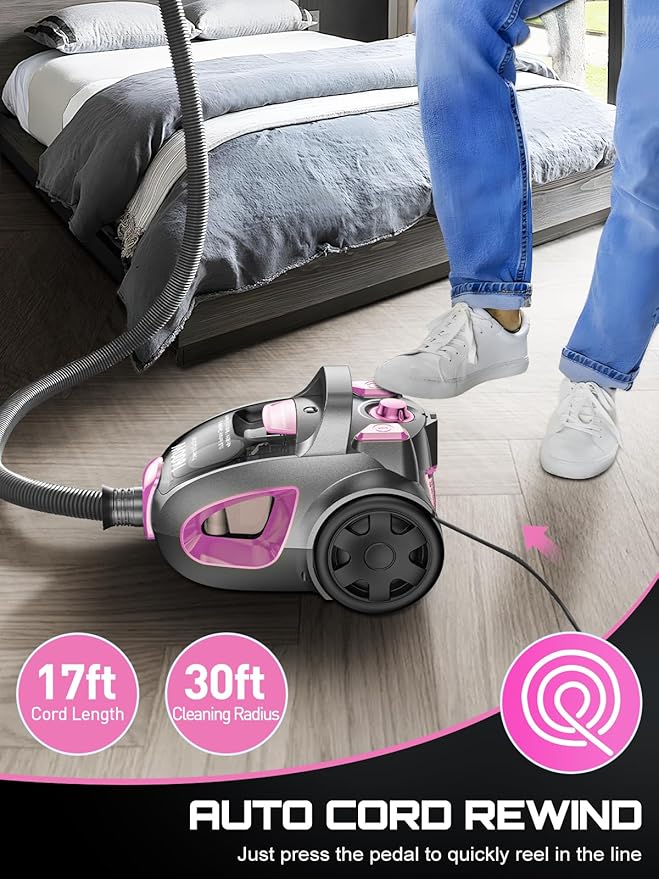 Canister Vacuum Cleaner, 32Kpa 1600W Bagless Vacuum Cleaner, Dust Full Indicator, H13 HEPA Filter, 3.7Qt Large Capacity, Lightweight Vac for Hard Floors, Carpet, Pet, Upholstery, Pink