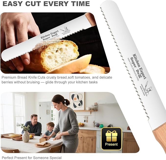 2-Pack Bread Knife & Bread Lame Set: 10" Premium Stainless Steel Serrated Knives Blade with Wood Handle for Homemade Bread, Sourdough Tomato, Bagel + Dough Scoring Tool for Razor Sharp Carving