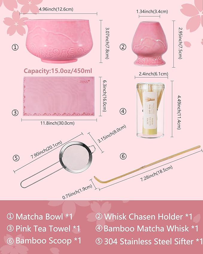 ZENS Pink Matcha Set, Matcha Whisk Set Includes 15oz Ceramic Bowl & (Chasen Holder), Bamboo Whisk & Scoop, Sifter and Pink Tea Towel, 6pcs Matcha Kit for Matcha Lovers