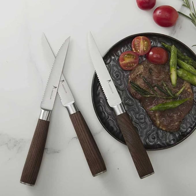 Natura Series 4.5” Serrated Steak Knife Set of 6, High Carbon Stainless Steel, Wooden Handle
