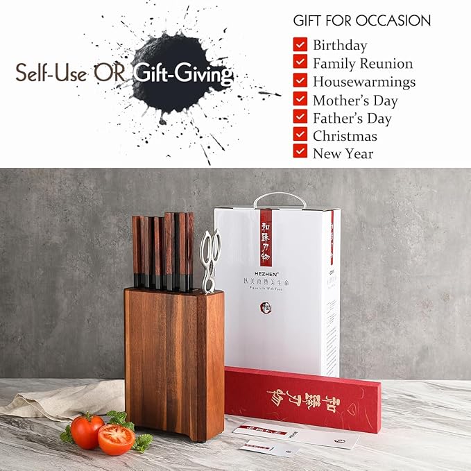 HEZHEN Knife Blocks Kitchen Knife Set, Chef Couteaux Set Kitchen Knives, Japanese Style Santoku Knife, Kitchen Scissors Acacia Wood Knife Block
