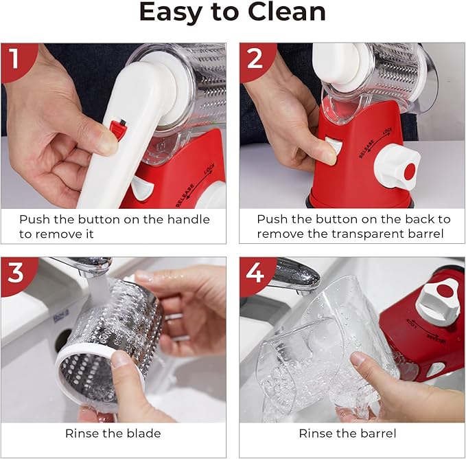 X Home Rotary Cheese Grater for Kitchen, Shredder with 3 Interchangeable Blades, Rotary Grater with Handle and Strong Suction Base, for Vegetables, Fruit, Nuts, Easy to Use and Clean, Red