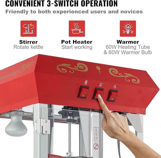 VEVOR Commercial Popcorn Machine, 8 Oz Kettle, 850 W Countertop Popcorn Maker for 48 Cups per Batch, Theater Style Popper with 3-Switch Control Steel Frame Tempered Glass Doors 2 Scoops 2 Spoons, Red
