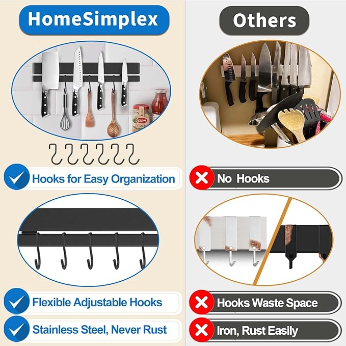 12 Inch Magnetic Knife Holder for Wall, Adhesive Knife Magnetic Strip No Drilling with 6 Hooks, Powerful Magnetic Knife Strip, Magnetic tool Holder for Kitchen Knives & Utensils (Black)