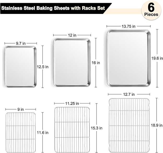 TeamFar Baking Sheet with Rack Set (3 Pans + 3 Racks), 19.6/16/12.5 Inch Stainless Steel Cookie Sheets Baking Pans Trays and Cooling Racks for Cooking Roasting, Non-Toxic & Heavy Duty, Dishwasher Safe
